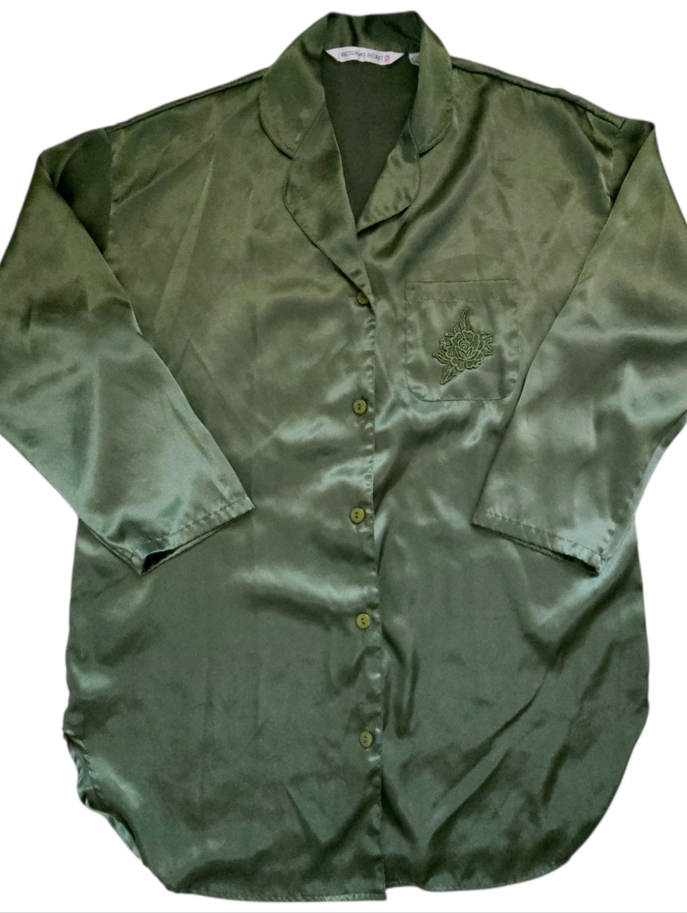 Victoria's Secret Green Satin Button-Up Shirt with Embroidered Pocket